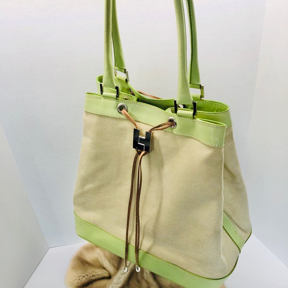 LAMBERTSON TRUEX Tall Canvas Leather Drawstring Shoulder Strap Tote Bag Italy